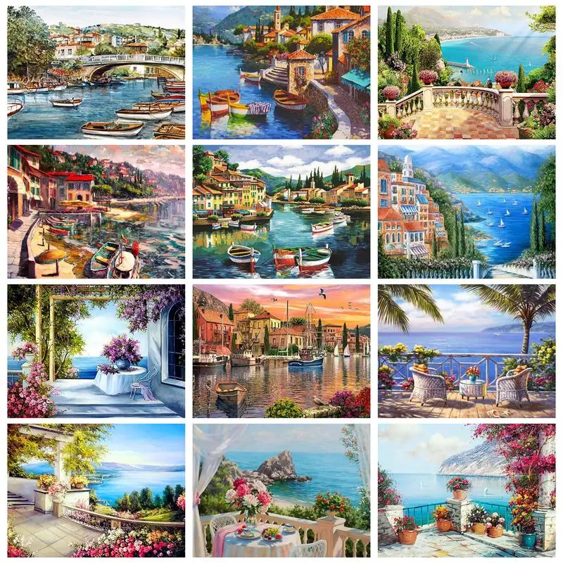

RUOPOTY Landscape Painting By Numbers Kit Holiday House Acrylic Painting On Canvas Handmade Gift For Adult Home Decor