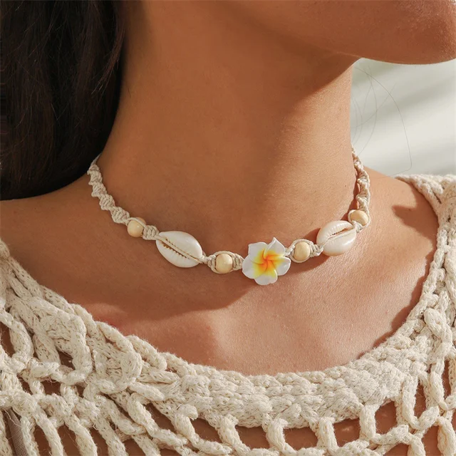 Collier ras du cou bohème en coquillage pour femme, pendentif fleur douce, ULtissée à la main, accessoire de bijoux de cou, mode estivale 1