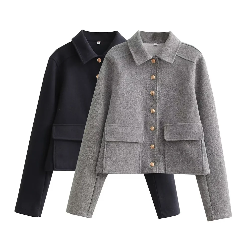 

Women Elegant Solid Cropped Coat Autumn Metal Button Lapel Long Sleeve Jacket Coats with Pockets Office Ladies Chic Tops