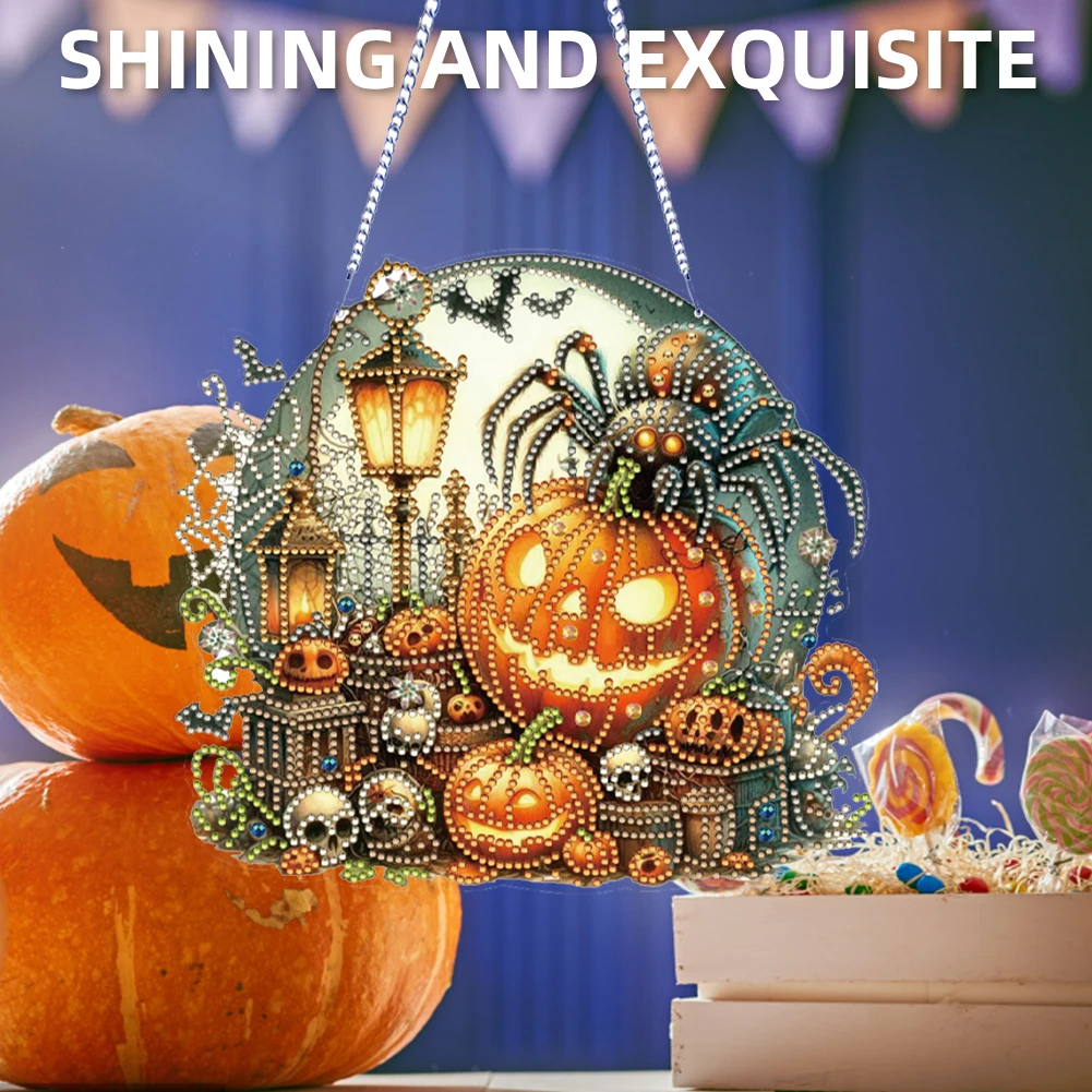 2D Flat Acrylic Diamond Painting Halloween Pumpkin Kit Pumpkin Partial Special Shaped Handmade Diamond Mosaic Art Hanging for Ho
