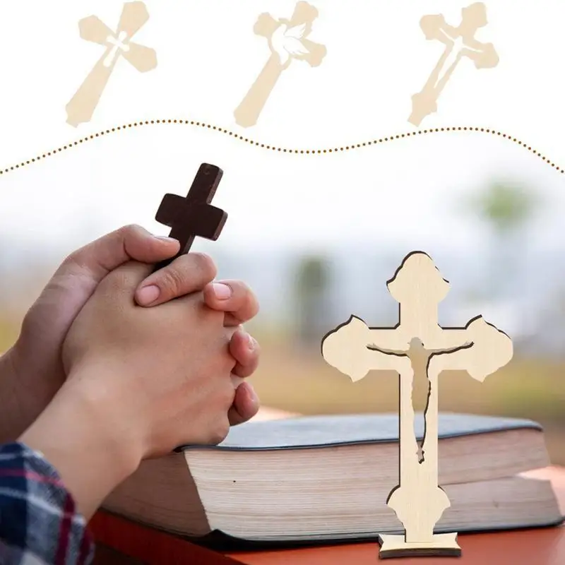 10PCS Wooden Crosses Standing Candlestick Projection Jesus Crucifix Christian Baptism Table Centerpieces First Communion Decor