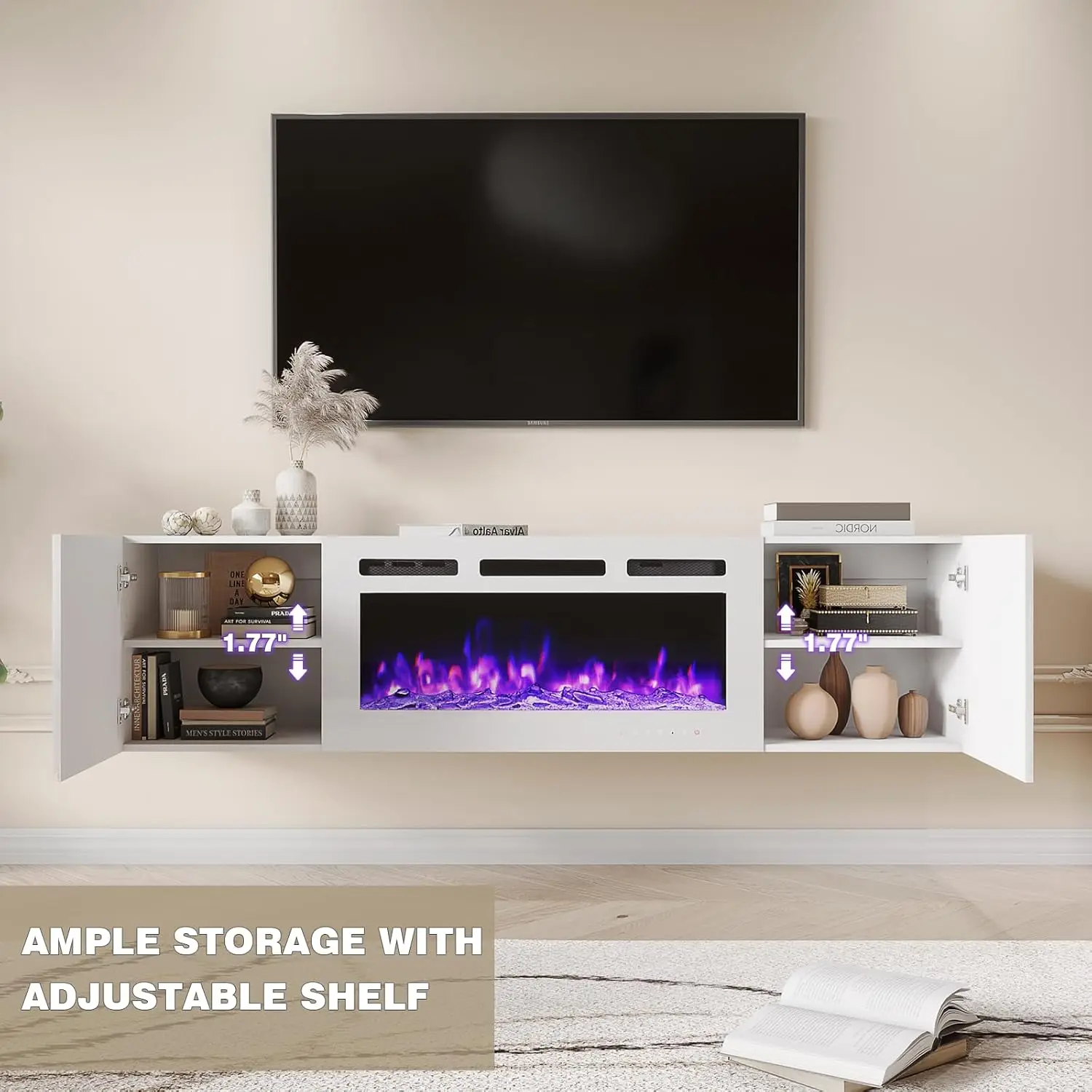 70'' Floating TV Stand with 36'' Electric Fireplace,High Gloss Finish Entertainment Center with 12 Flame Fireplace Insert Heater 6
