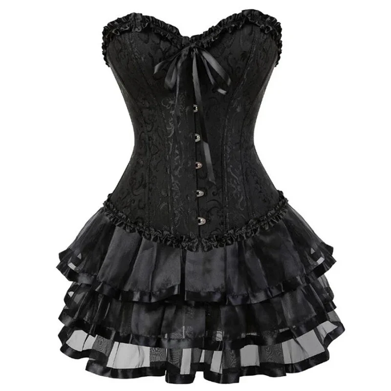 

Women's Bustier Corset Up Corsets Sexy Jacquard Lace Overbust Corset Bustiers Body Shaper Mini Skirt Tutu Set Vintage Corset