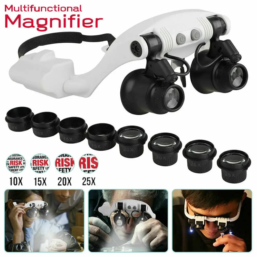 

Headband Magnifying Glasses With Adjustable LEDs 4 Pairs Interchangeable Lenses Headband Magnifier For Craft Work