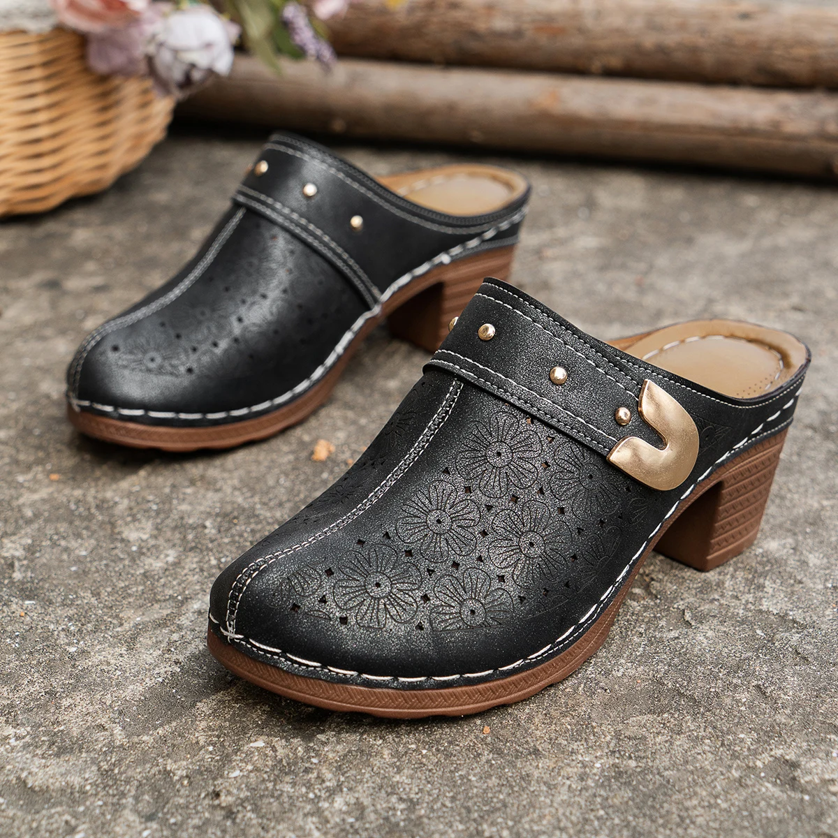 Women Sandals Slippers Platform Chunky Heels Retro Round Mules Thick Sole Height Increase Summer