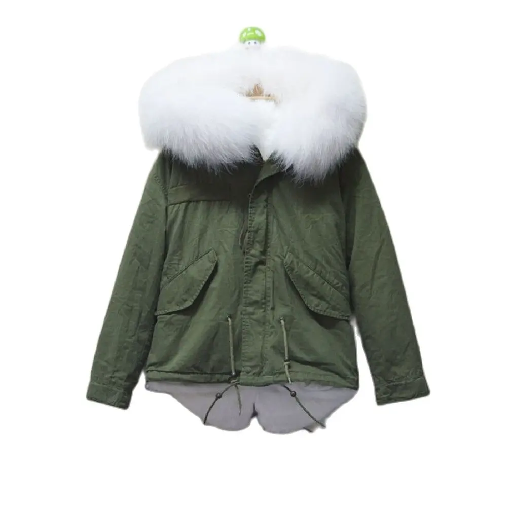 

Женская короткая парка с воротником из меха енота