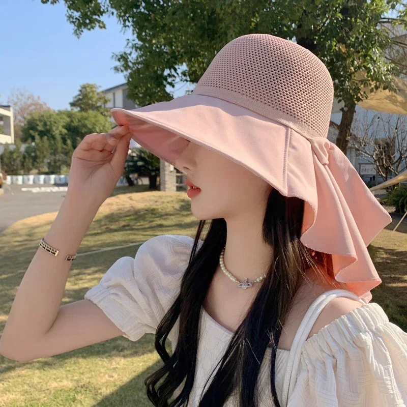 Summer Women Bucket Hat With Shawl Lightweight Breathable Mesh Face Neck Protection Sun Hat Bow Pleat Beach Cap Design Travel