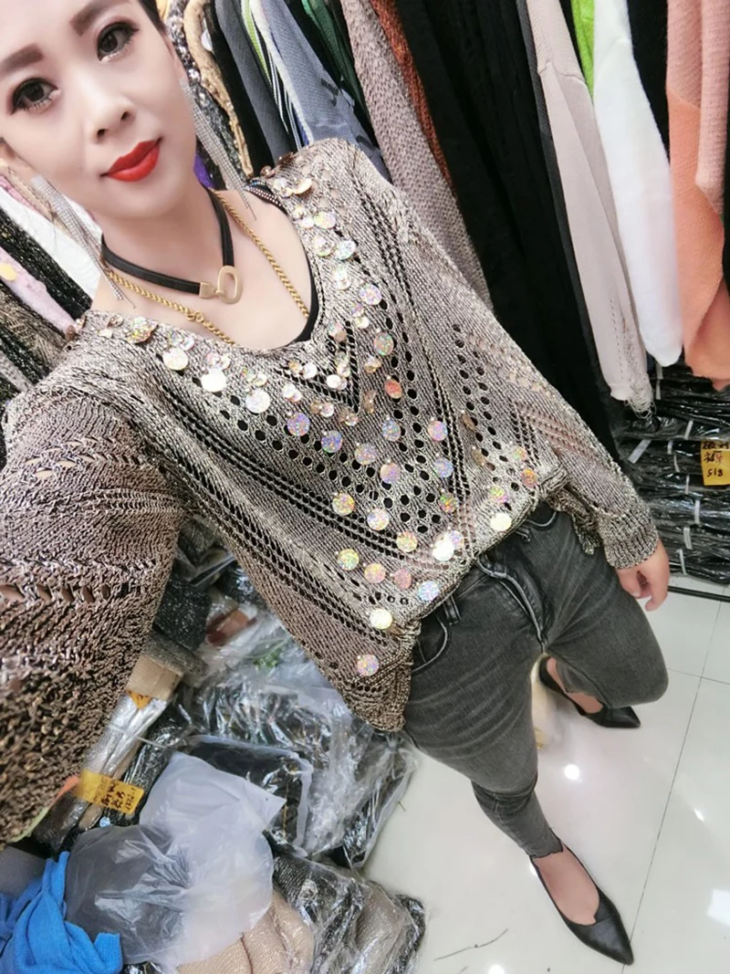 

Bling Bling 3/4 Sleeve Golden T Shirts Womens Sexy Knitted Party Sweater Women Sexy Ripped Sequined Sexy Knitted Sweater For Wom