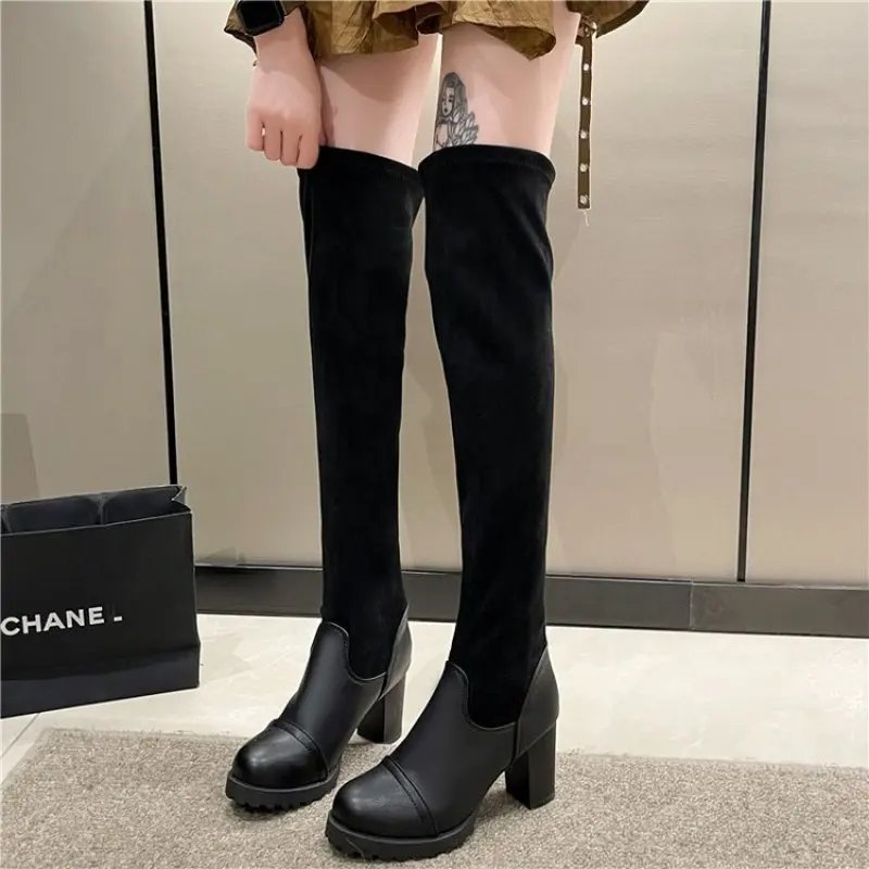 New Faux Suede Female Heels Autumn Zipper Elastic Knee-high Boots for Women Tube Lace-up Thigh Gigh Boots Black Botas Mujer 2024