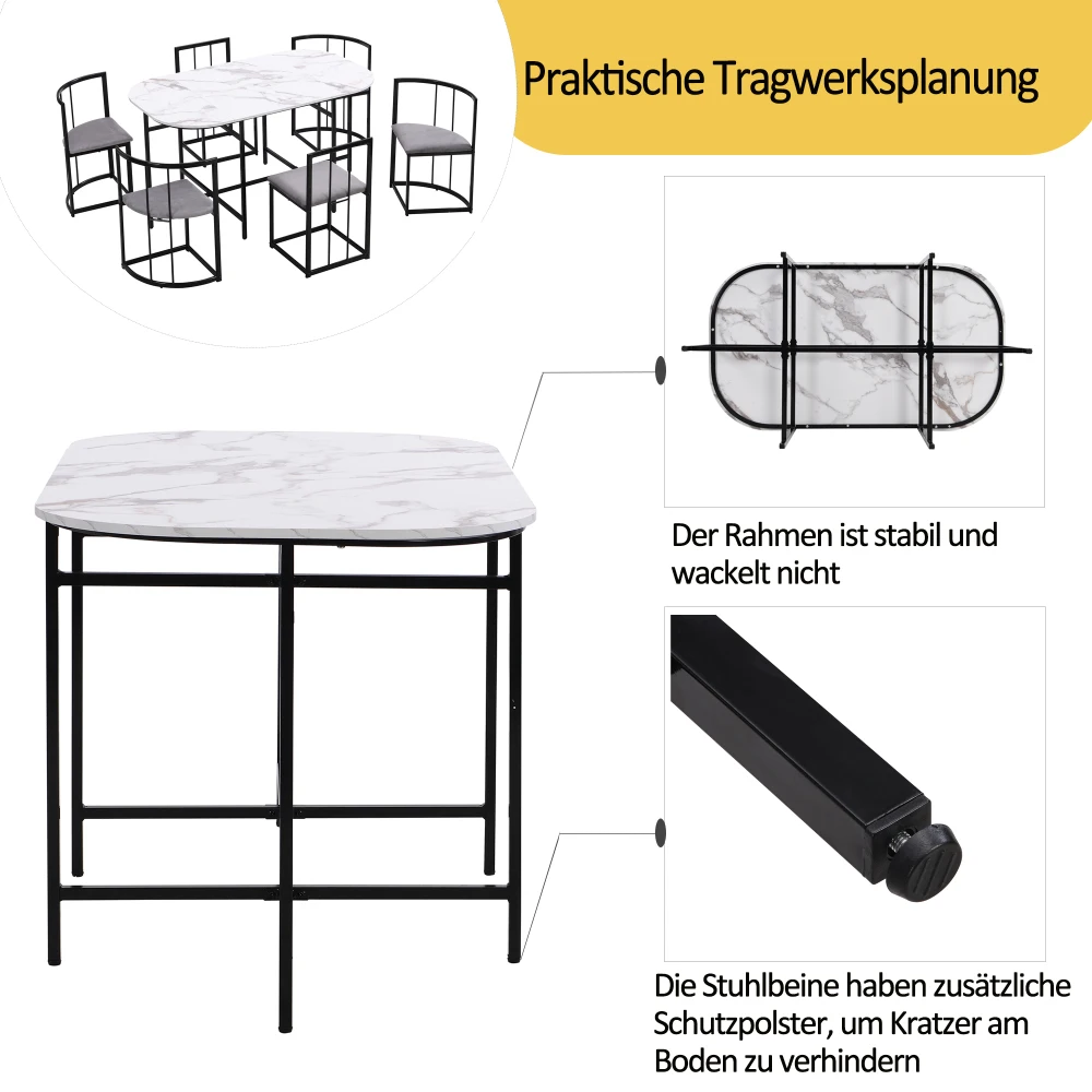 Stilvolles Modernes 6-Sitzer Esstisch- und Stuhlset, Weißer Tisch mit Grauen Gepolsterten Stühlen und Goldenem Eisenrahmen – Detail 34