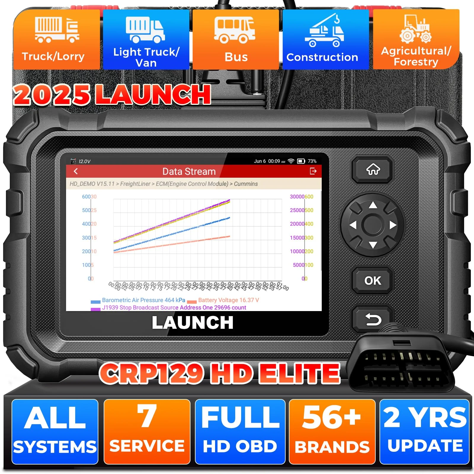 LAUNCH CRP129 HD 24V Skaner do ciężarówek, narzędzie diagnostyczne do wszystkich systemów, 7 funkcji resetowania: olej, ograniczenie prędkości, wtryskiwacz, DPF