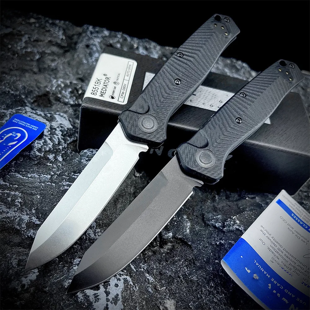 

BM 8551 Mediator AU.TO Folding Knife 3.30" S90V Cerakote Plain Blade, Milled Black G10 Handles Outdoor Camping Hunting EDC Tool