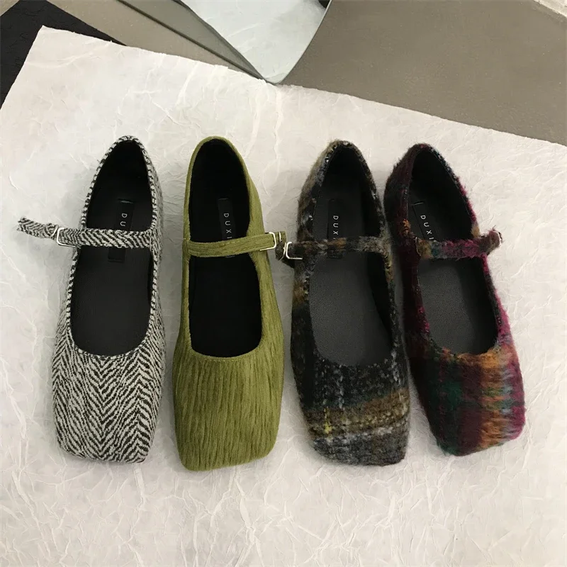 

French style Women Retro plaid Flats Square Toe Mary Janes Casual Shoes Leopard Comfort Loafers Shoes 2023 Ballerina Flats