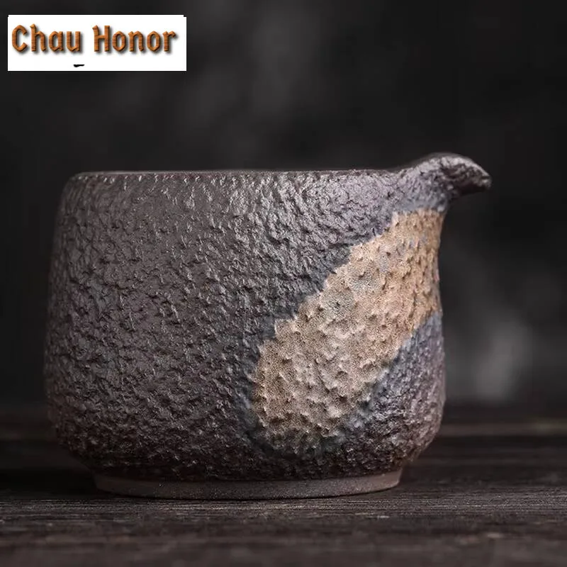 250ml Black Sandalwood Side Handle Justice Cup Handmade Coarse Pottery Gilt Iron Glaze Tea Separator Accessories Drinkware Gifts