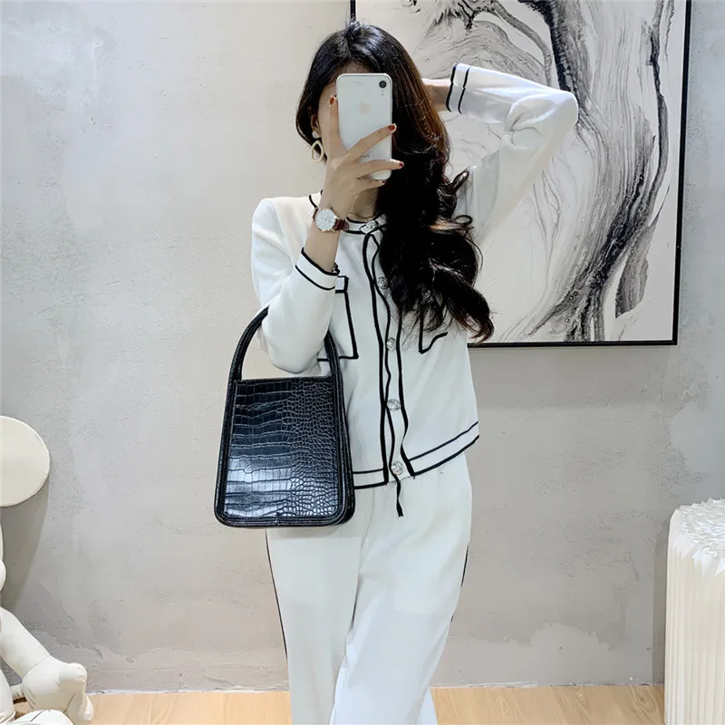 

Осень 2024, Женская Элегантная пижама, комплект из двух предметов, юбка с длинным рукавом, брюки с высокой талией и широкими штанинами, костюм, женский повседневный наряд