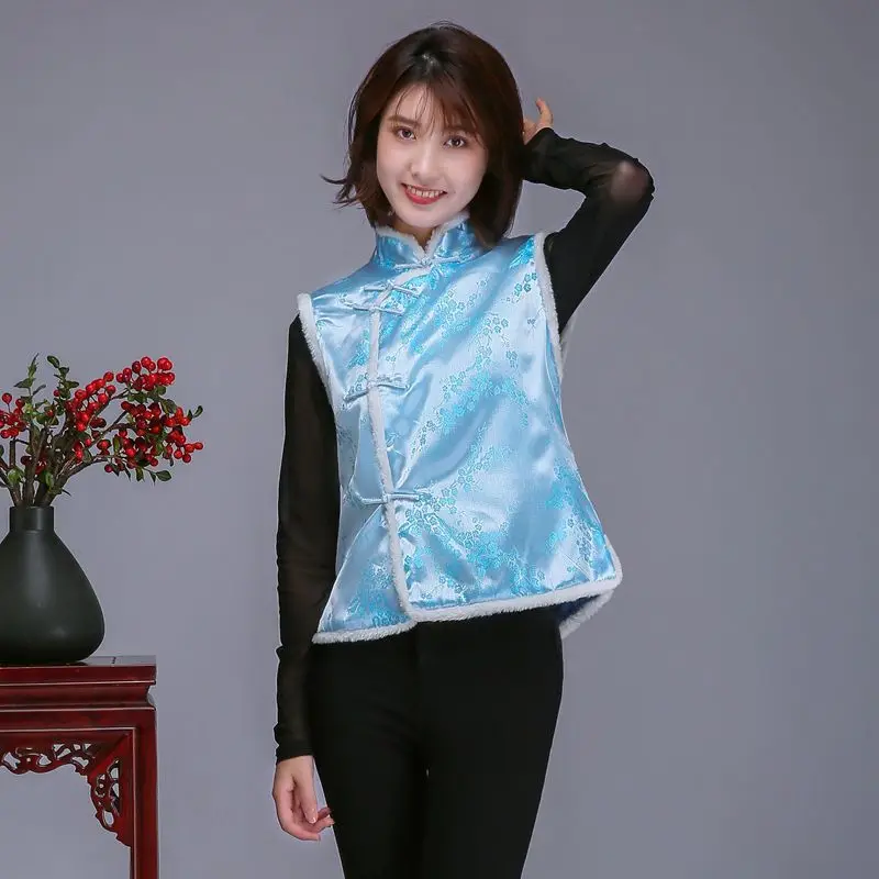 Chinese Style Top China New Year Traditional Clothing 16Colour Women Tang Suit For Adult Winter Cotton Fur Thick Hanfu Vest
