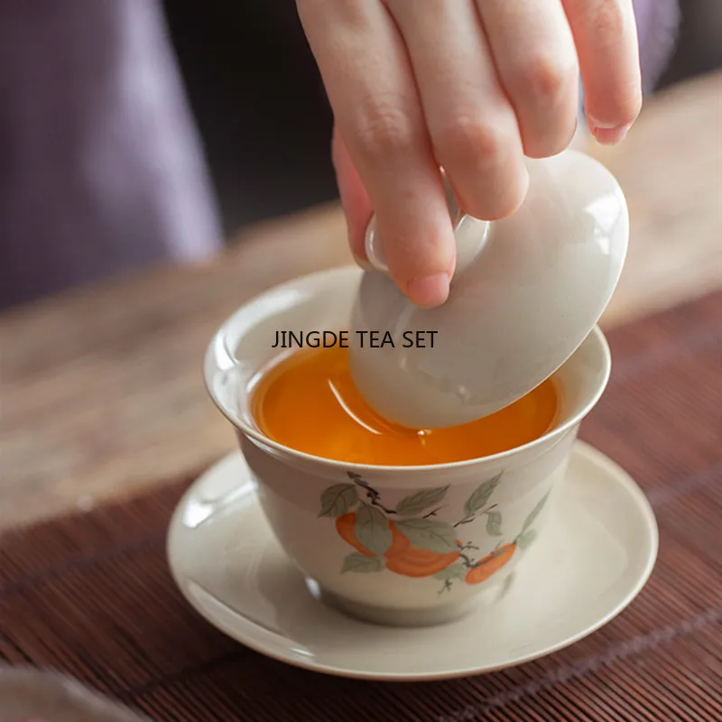 Chinese ceramic covered bowl vintage handmade hand-painted flower tea bowl portable tea set for travel