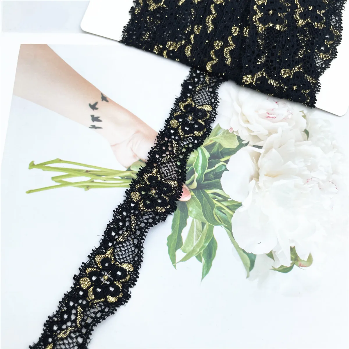 6y/Lot Width2.50~7cm Black Silver Shimmer Narrow Elastic Lace Trim 2