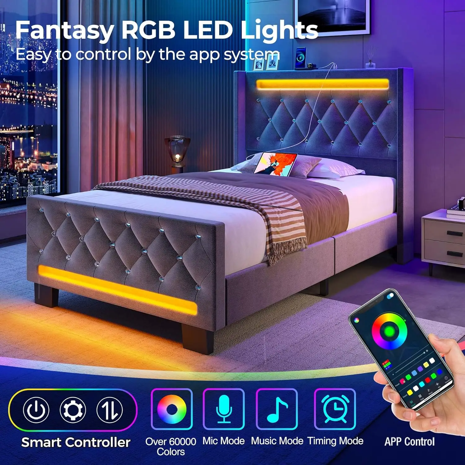 Twin Bed Frame with LED Light and Charging Station, Upholstered High Headboard and Footboard, Wood Slats, Noise Free, Grey 3