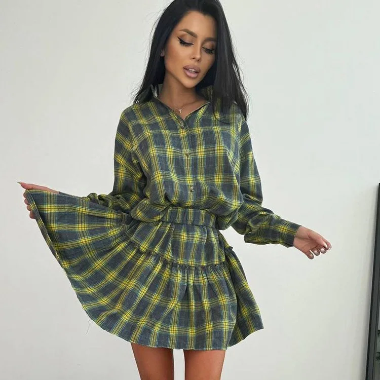 Female 2 Piece-Set Pleated Skirts Fashion Contrast Lapel High Waist Spring 2025 Shirts Outfits Women's Mini Skirt Sets New 18 Female 2 Piece-Set Pleated Skirts Fashion Contrast Lapel High Waist Spring 2025 Shirts Outfits Women's Mini Skirt Sets New