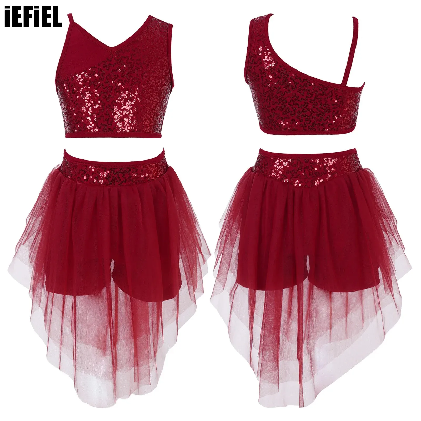 

Kids Girls Stylish Sequins Dance Set Sleeveless Wide Shoulder Straps V Neckline Sequins Crop Top with Elastic Waistband Skirt
