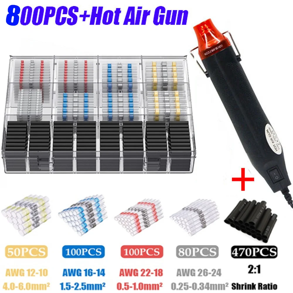 electric chainsaw 800Pcs Waterproof Heat Shrink Butt Crimp Terminals Solder Seal Electrical Wire Cable Splice Terminal Kit with Hot Air Gun best hammer for electricians Power Tools