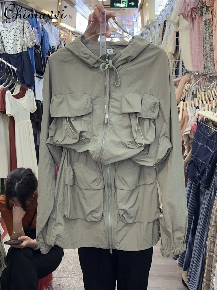 ensemble-deux-pieces-pour-femme-vetements-d'Ete-style-coreen-poche-3d-capuche-soleil-vert-manteau-superieur-taille-artificiel-astique-jupe-tenues-2024