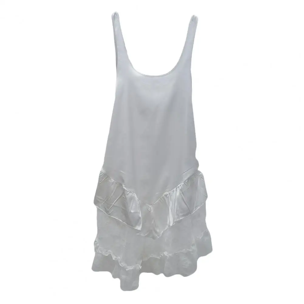 

Lace Mini Dress Elegant Lace Patchwork Dress with Pleated Flower Embroidery U Neck for Women Solid Color Lady Vest Dress Sexy