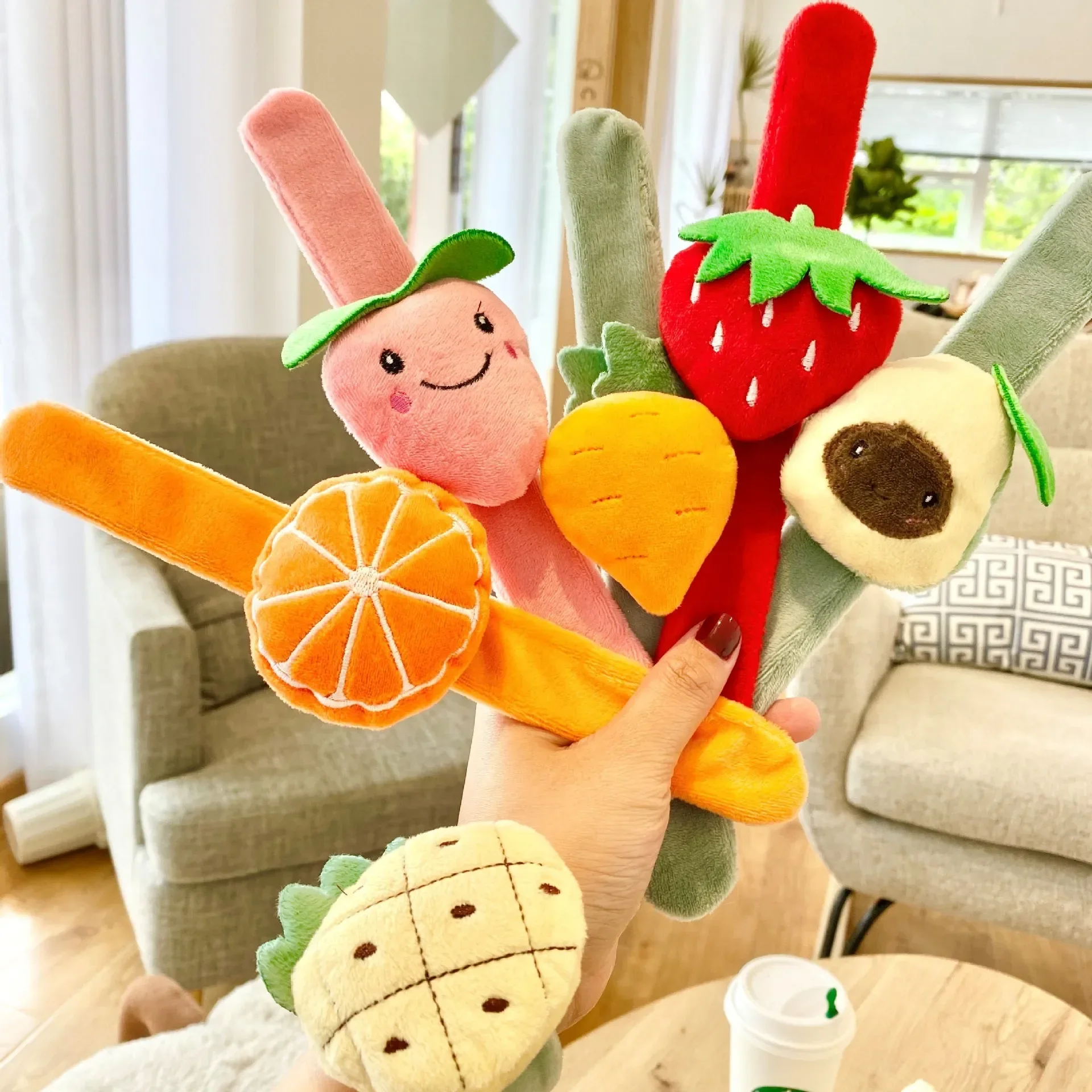 

Christmas Halloween Decorations Fruit Plush Pop Ring Toy Gift Bracelet Cartoon Pat Ring for your lovely baby