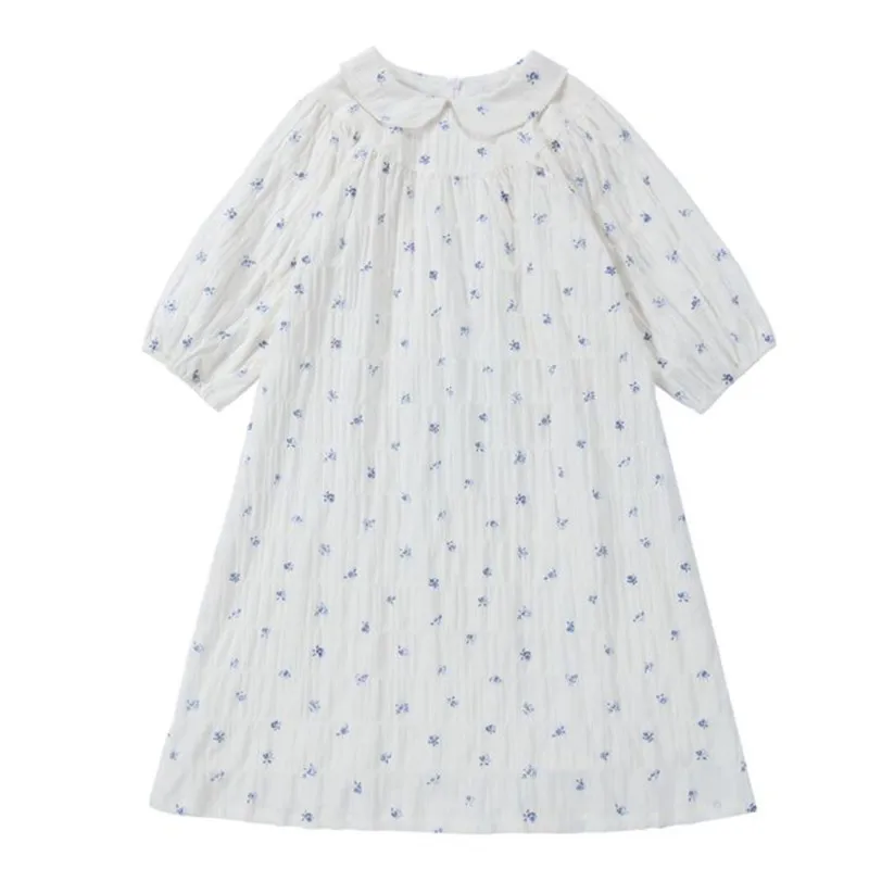 Vestido acampanado de algodón blanco con estampado floral para niños y niñas de 3 a 16 años, vestidos con forro de algodón de manga 3/4