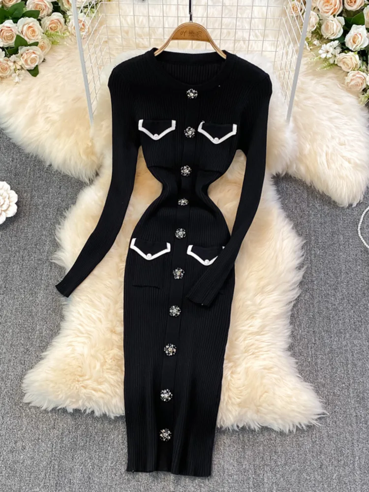 Small Fragrance Sheath Bodycon Bottomed Sweater Dress Women