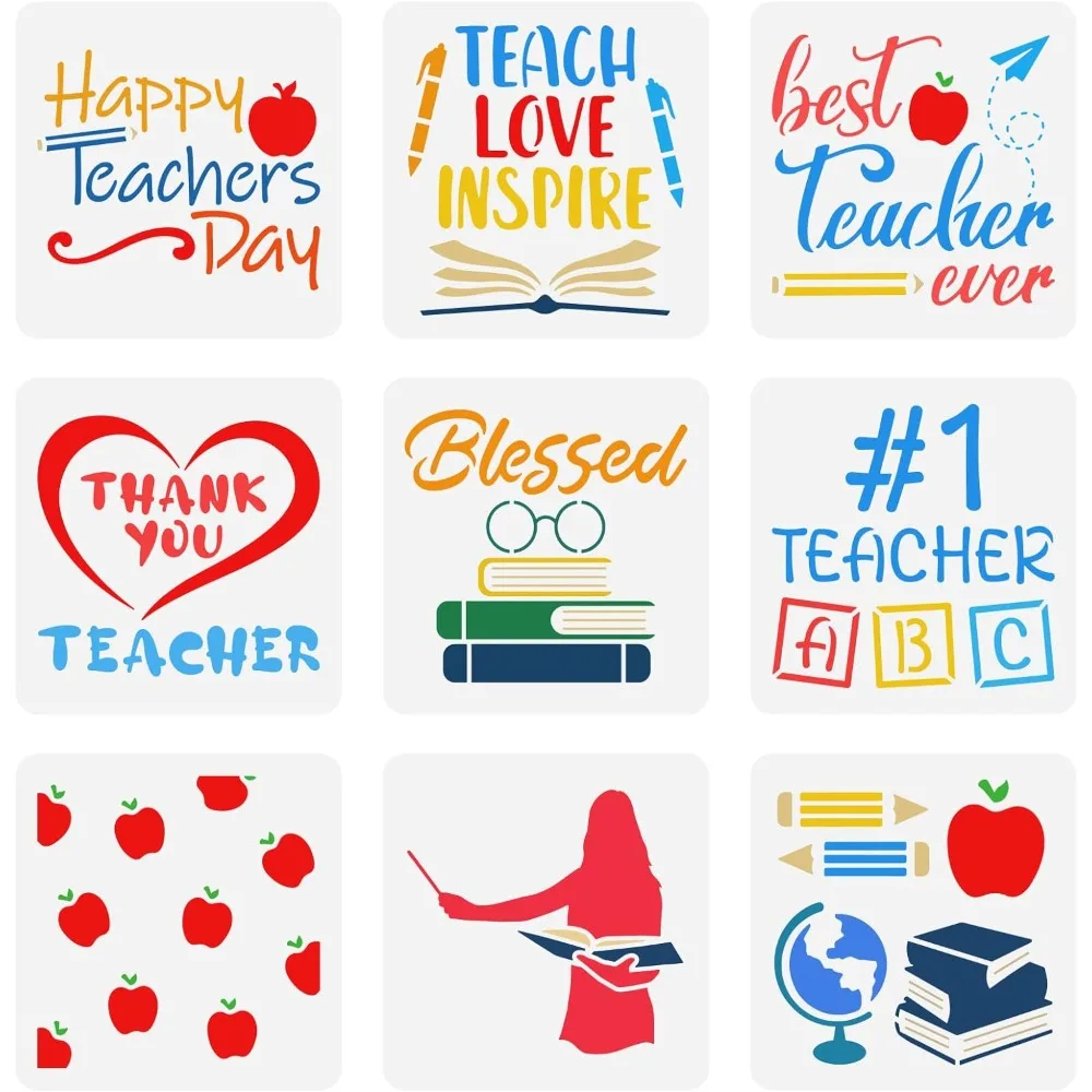

9 Pcs Happy Teacher’s Day Stencil 5.9x5.9inch Reusable Best Teacher Stencil Classroom Decoration Template Apples Books Teaching
