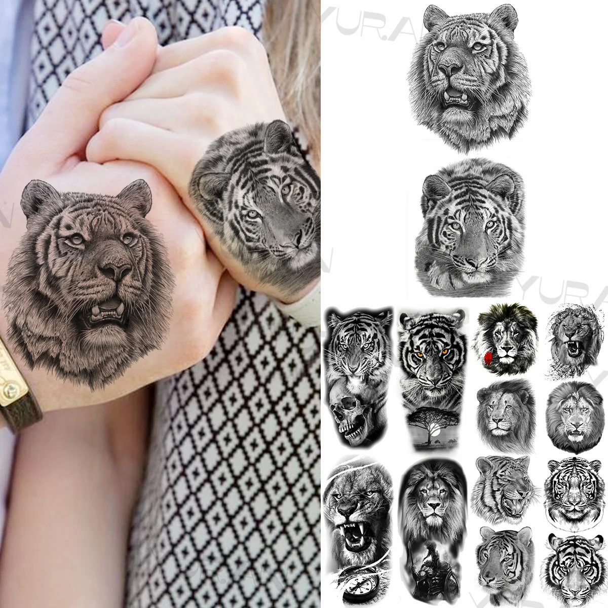 

Large Tiger Flower Temporary Tattoos For Women Men Realistic Lion Skull Compass Warrior Fake Tattoo Sticker Arm Body Tatoos 3D