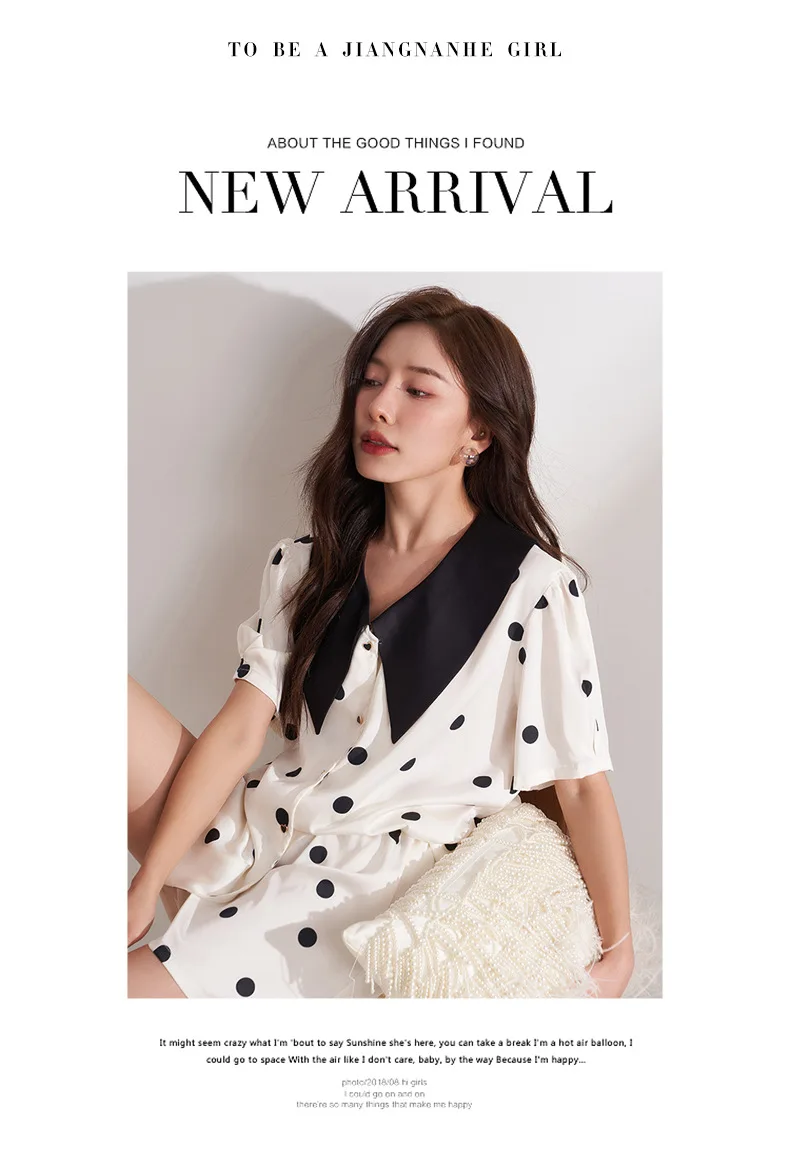 CRLAYDK 2023 Summer Polka Dot Pamas Set for Women Satin Silk Button Down Short Sleeve Sleepwear Bride Soft Pj Loungewear_voghion.com