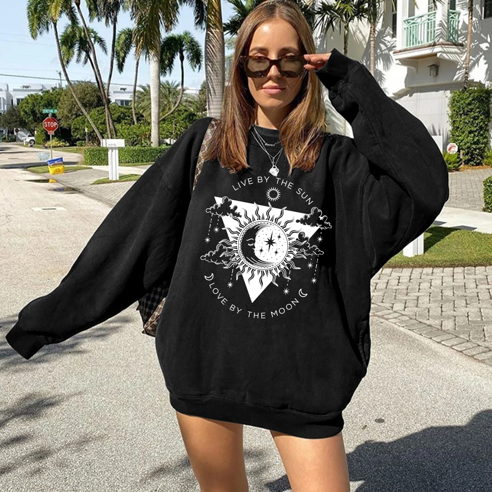 Seeyoushy LIVE BY THE SUN LIVE BY THE MOON Sun Moon Printed Ladies Top Y2K 2023 Trend Streetwear Autumn Winter Ladies Hoodie 2