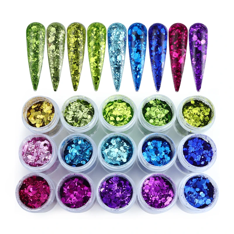 10ML Chunky Glitter Powder Nail Art Decorations Sparkly Gold Silver Mixed Hexagons Sequins Summer Nails Art Accessories DIY Tips