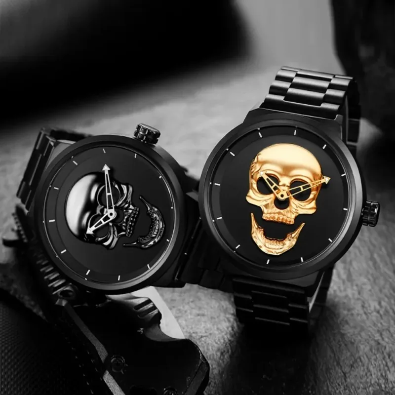 Fashion Sport Black Gold Dial Quartz Watch Hip Hop Top Brand Luxury Male Clock Watch Skull Head Stainless Steel Wristwatches