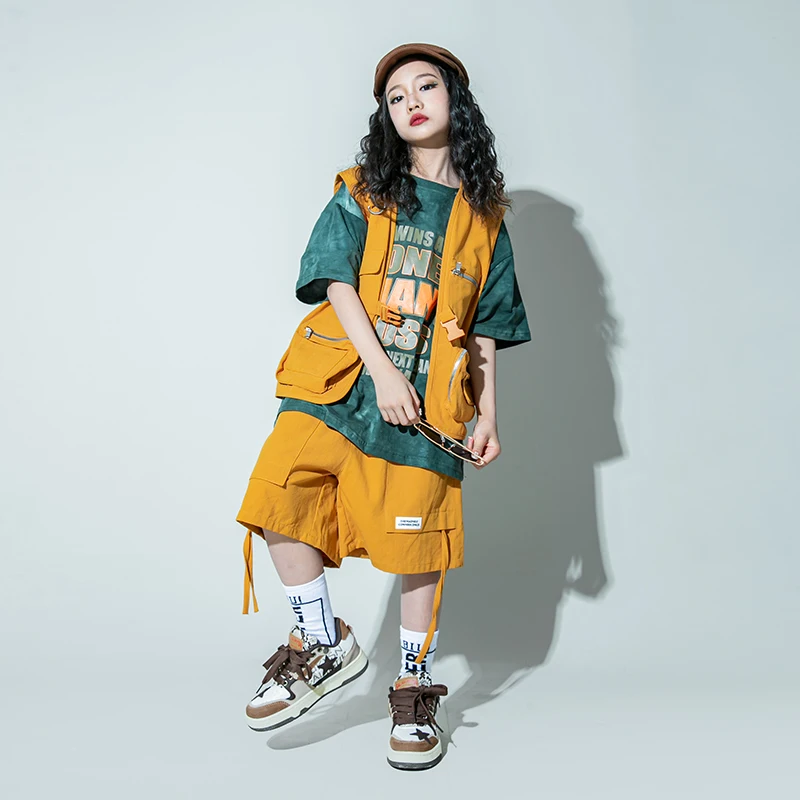 

Детская одежда в стиле хип-хоп, желтые топы, футболка, повседневные шорты-карго, джоггеры, штаны для девочек и мальчиков, костюм для выступлений и танцев на сцене, одежда