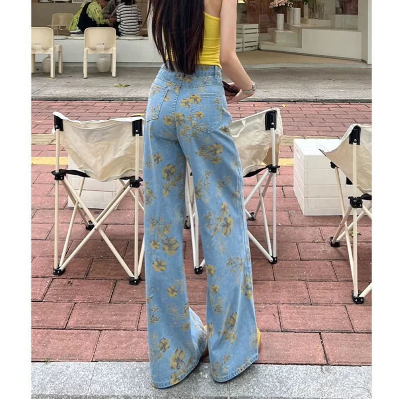 2025 Lady Retro Blue Flower Print Jeans Pants Female High Waisted Denim Pants Girls Thin Casual Daily Jeans Trousers 6