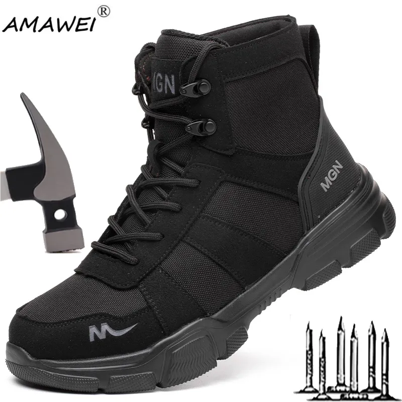 AMAWEI Work Boots Indestructible Safety Shoes Men Steel Toe Shoes