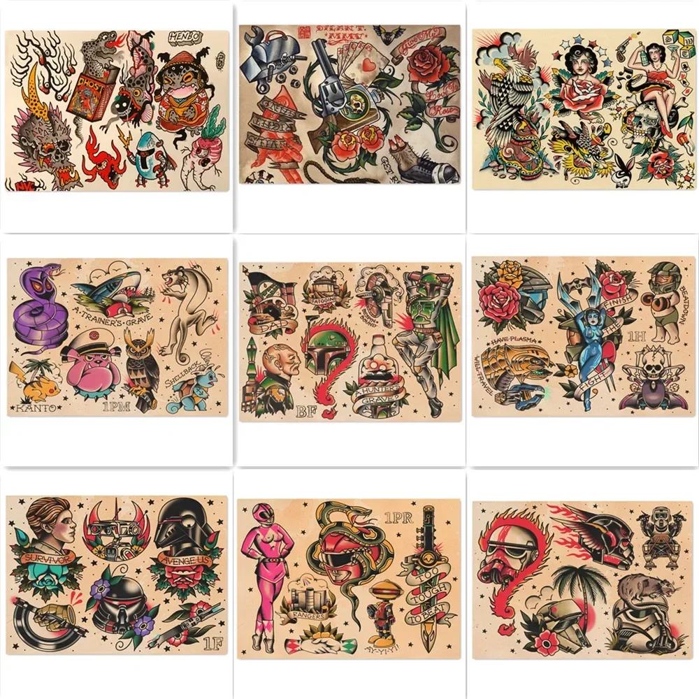 Vintage Traditional Tattoo Design Picture Wall Art Posters & Prints Retro Kraft Paper Poster Painting Wall Sticker Home Decor