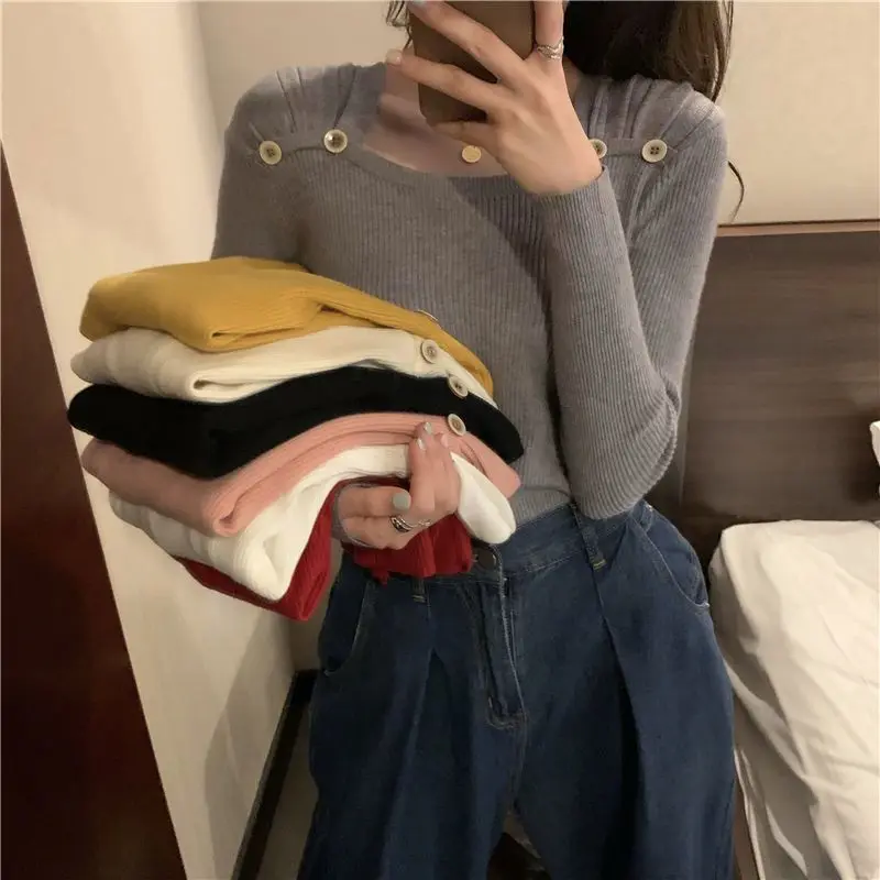 

Модные декоративные свитера с квадратным воротником на пуговицах, Осенние вязаные топы с длинным рукавом, корейские однотонные облегающие пуловеры для женщин 28523