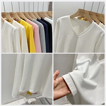 AOSSVIAO 2025 الخريف مكتب سيدة الأساسية الخامس الرقبة سليم صالح تي شيرت المرأة بلون تنوعا الاتجاه قميص طويل الأكمام قاعدة 6