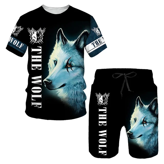 The Wolf Print Set Suit Hip Hop Harajuku 3D Sports 2 Piece Oversized Sweatshirt  O-neck Tshirt Beach Shorts Outfits man clothes 4