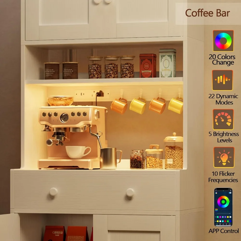 71" Tall Kitchen Pantry Cabinet with Power Outlet & LED Light, Freestanding Storage with 4 Doors, Shelves, Drawer, White