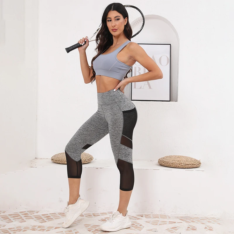Mesh High Waist Yoga Pants Capri Leggings with Pockets for Women Tummy Control Workout Capri Leggings for Women