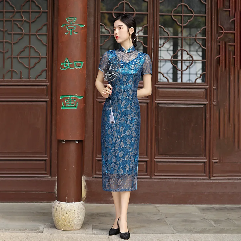 

Traditional Mandarin Collar Embrodiery Applique Beaded Lace Cheongsam Short Sleeve Chiffon Qipao Chinese Women Dress