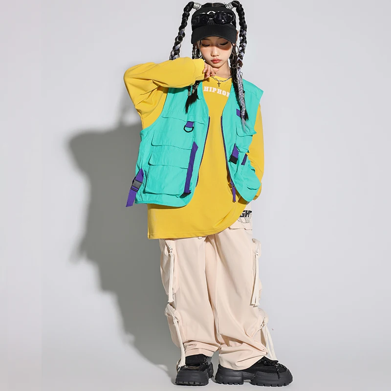 Kid Hip Hop Clothing Black Sleeveless Jacket Vest Casual Wide Cargo Pants Streetwear For Girl Boy Jazz Dance Costume Clothes