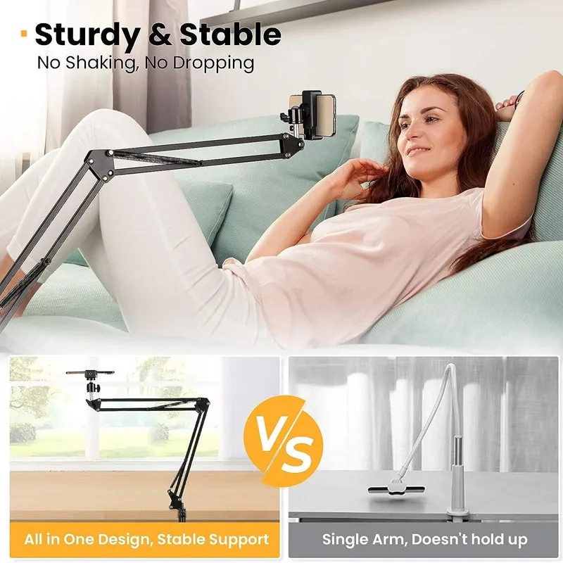 Treppiede con braccio flessibile per supporto telefono da tavolo, pieghevole, con ancoraggio a 360° ° Supporto Girevole per Fotografia e Video da Tavolo per Laptop e Desktop - immagine 6