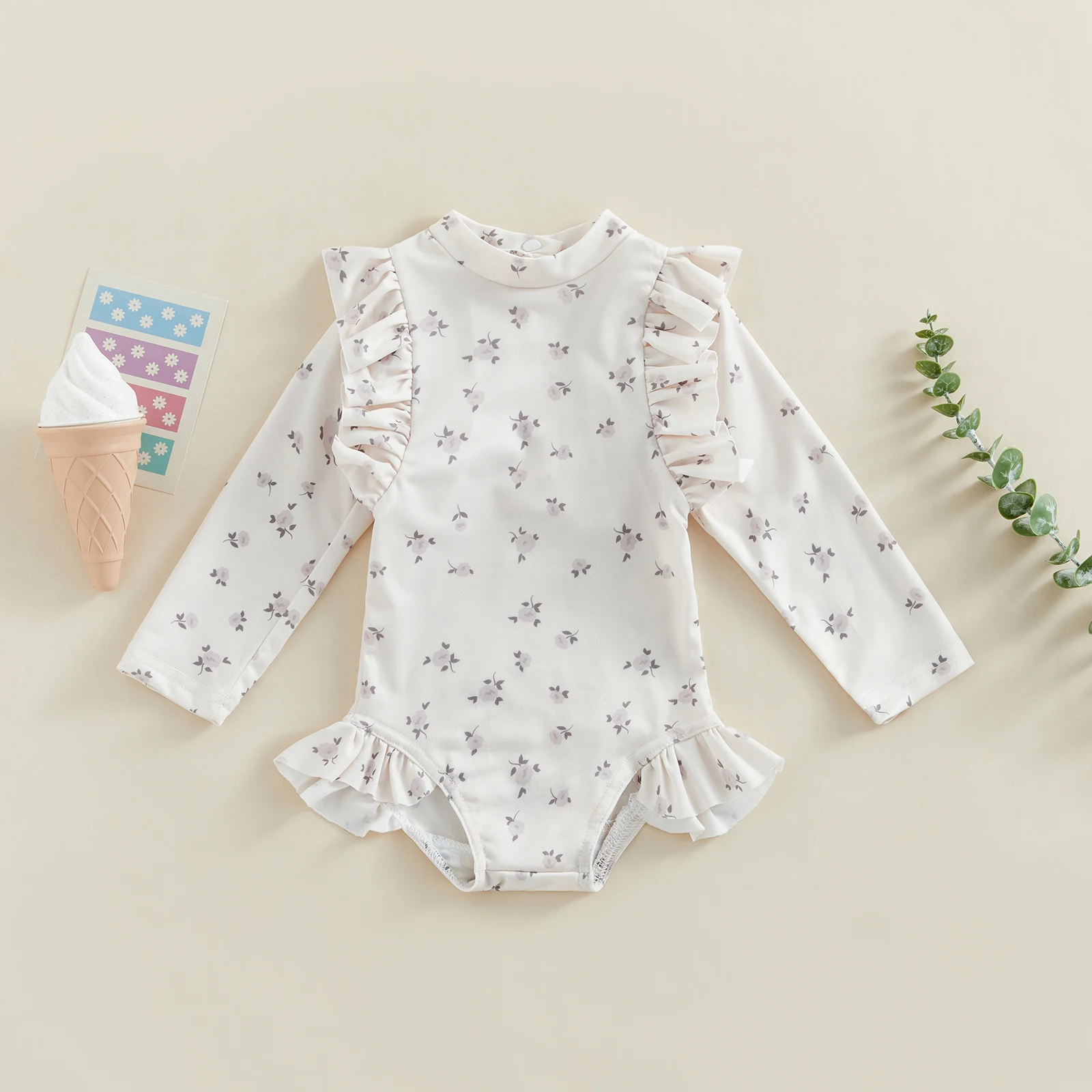 Kids Baby Girls Swimwear Floral/Plaid Ruffle Long Sleeve Crew Neck Swimsuit Bathing Suit Children Girl Beachwear for 0-4 Years - 4